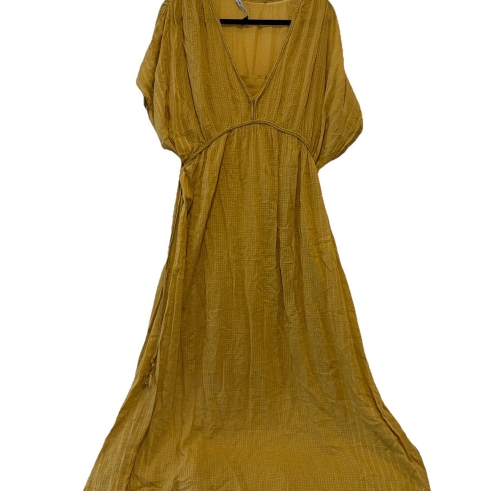 Zara 100% Cotton Oversized Kaftan Mustard Structured Dress M/L - Picture 2 of 9